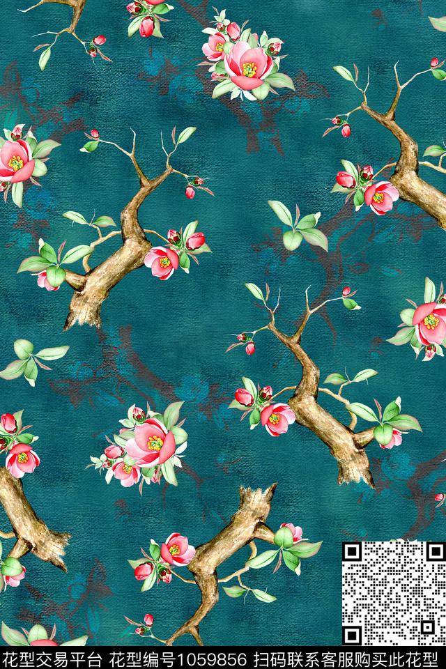 水彩花卉树枝年轻女性数码印花华亿平台下载（图片编号: 1059856） - 瓦栏（Walan）
