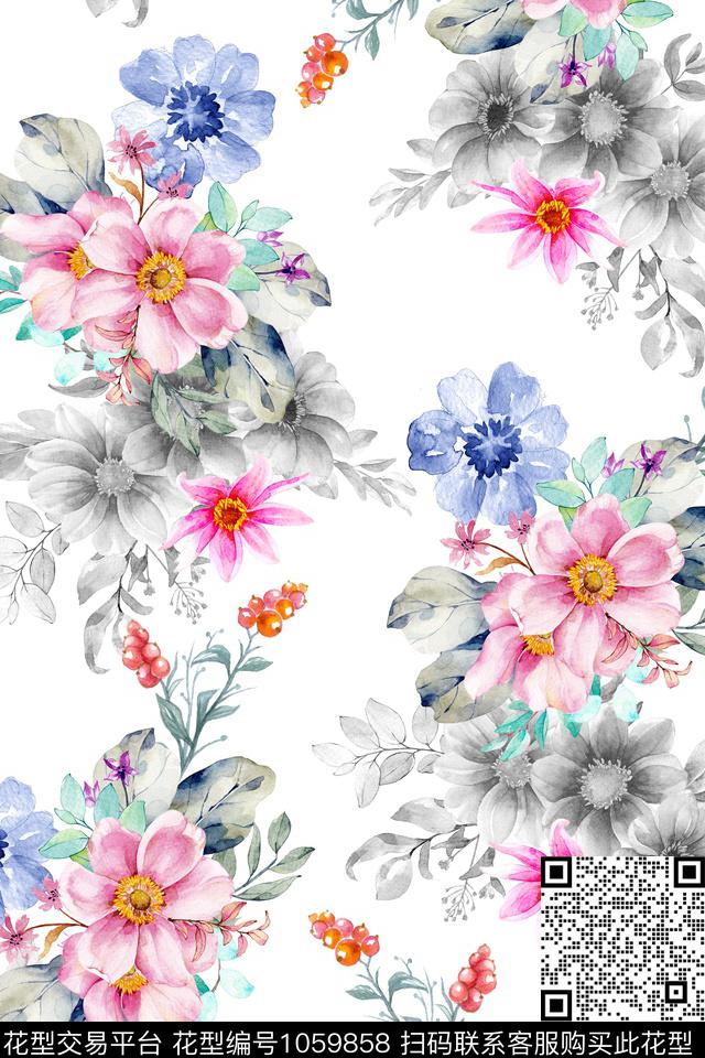 水彩花卉年轻女性手绘花卉数码印花华亿平台下载（图片编号: 1059858） - 瓦栏（Walan）