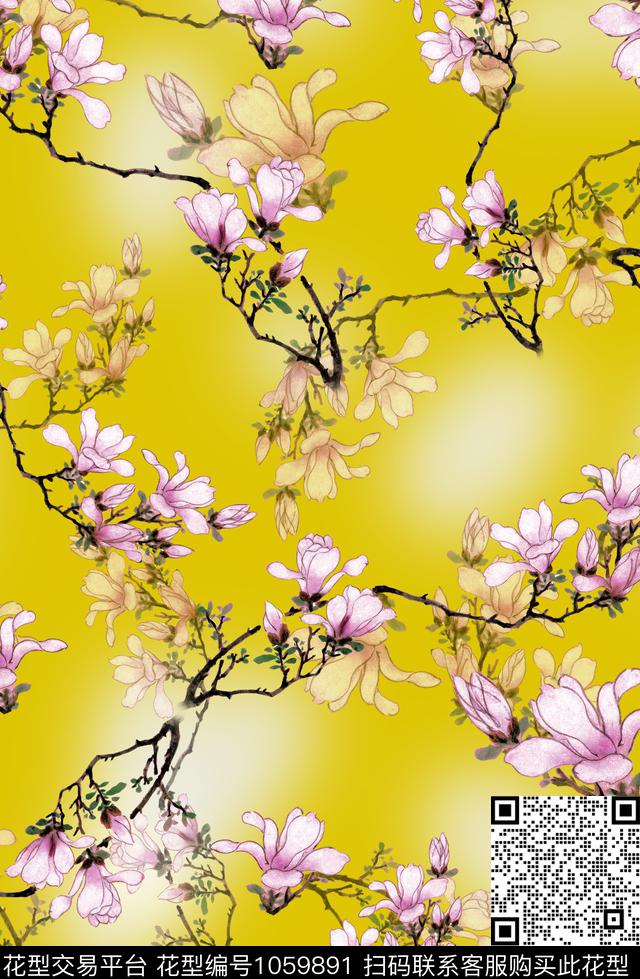 玉兰花花卉国画花卉数码印花华亿平台下载（图片编号: 1059891） - 瓦栏（Walan）