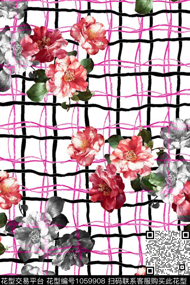 数码华亿平台格子水彩花卉数码印花华亿平台下载（图片编号: 1059908） - 瓦栏（Walan）