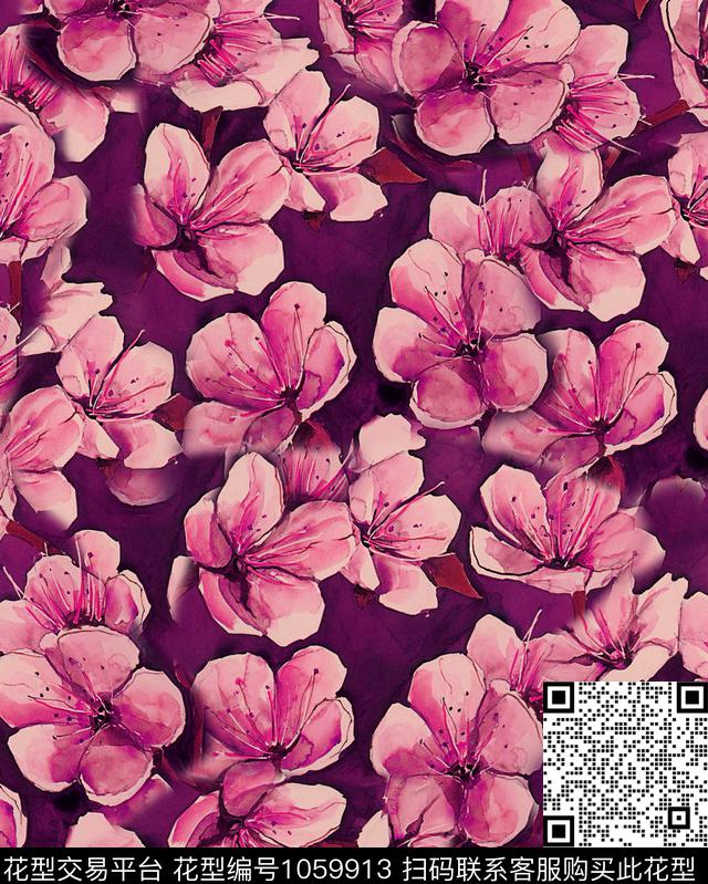香云纱花卉桃花数码印花华亿平台下载（图片编号: 1059913） - 瓦栏（Walan）
