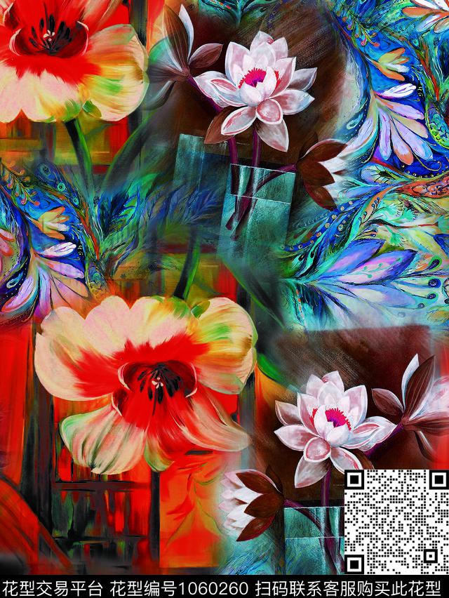 大花绘画抽象花卉数码印花华亿平台下载（图片编号: 1060260） - 瓦栏（Walan）