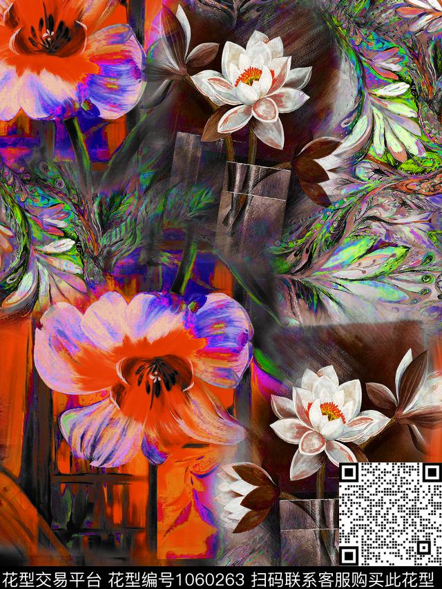 大花绘画抽象花卉数码印花华亿平台下载（图片编号: 1060263） - 瓦栏（Walan）
