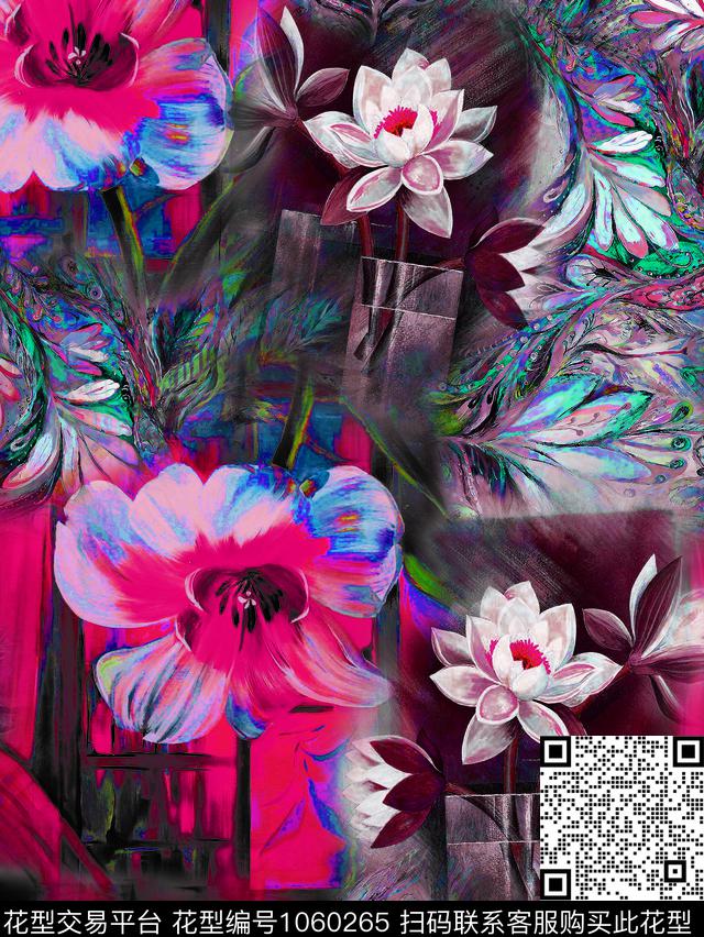 大花绘画抽象花卉数码印花华亿平台下载（图片编号: 1060265） - 瓦栏（Walan）