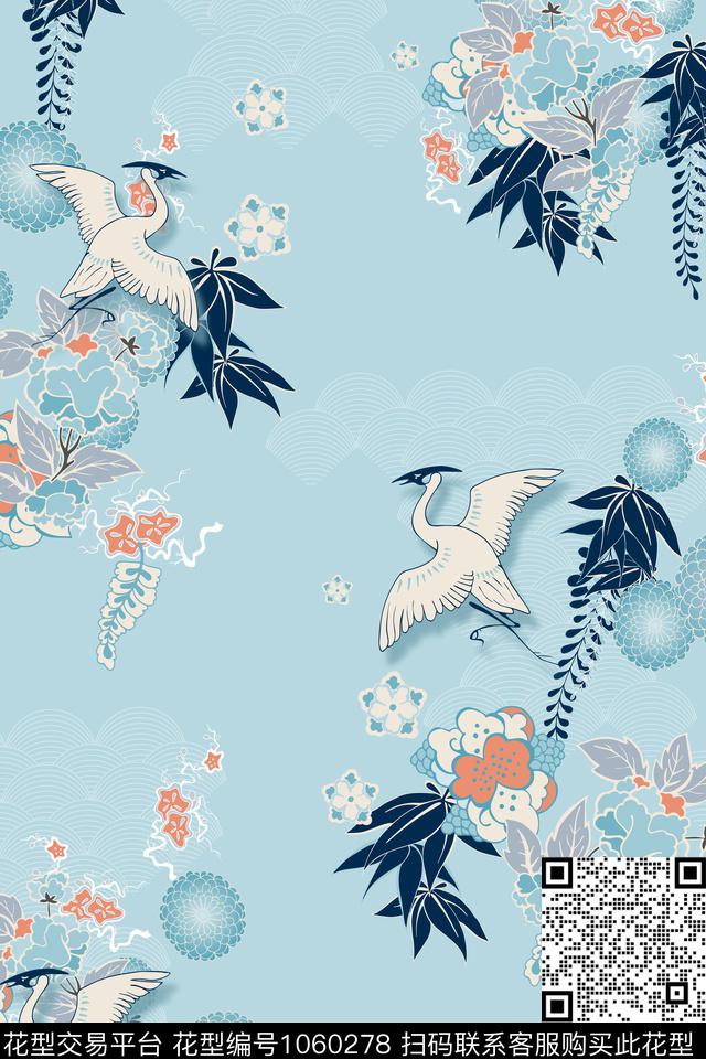 民族花卉仙鹤女装数码印花华亿平台下载（图片编号: 1060278） - 瓦栏（Walan）