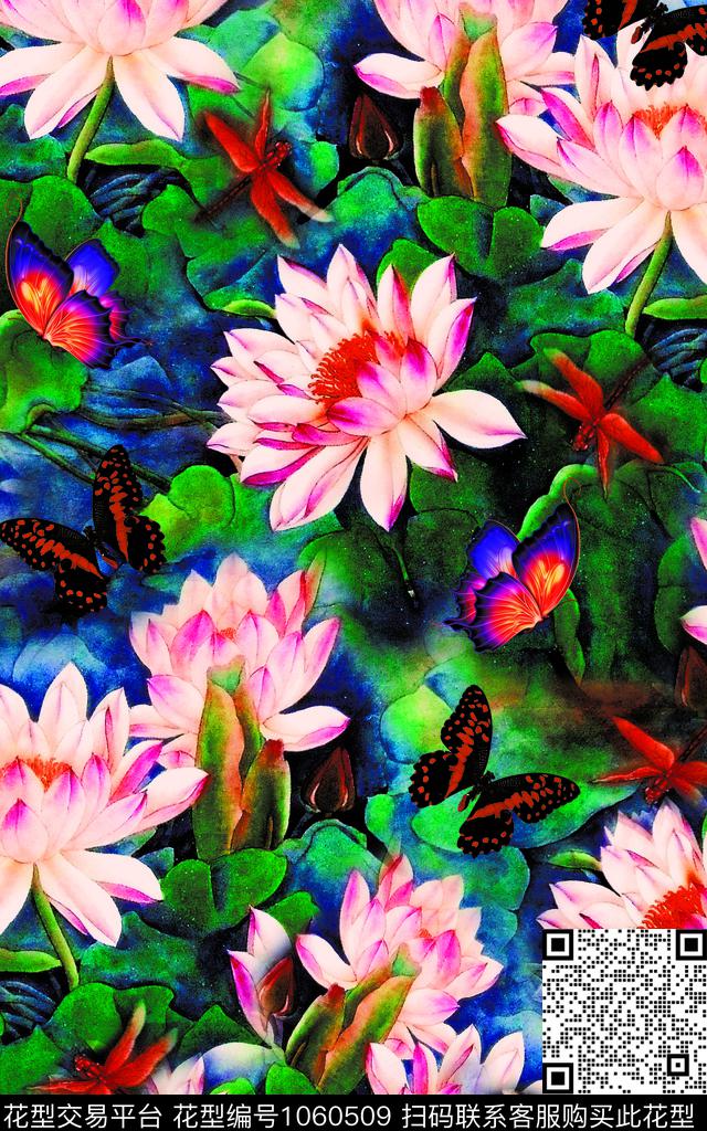 大花荷花花卉蝴蝶数码印花华亿平台下载（图片编号: 1060509） - 瓦栏（Walan）