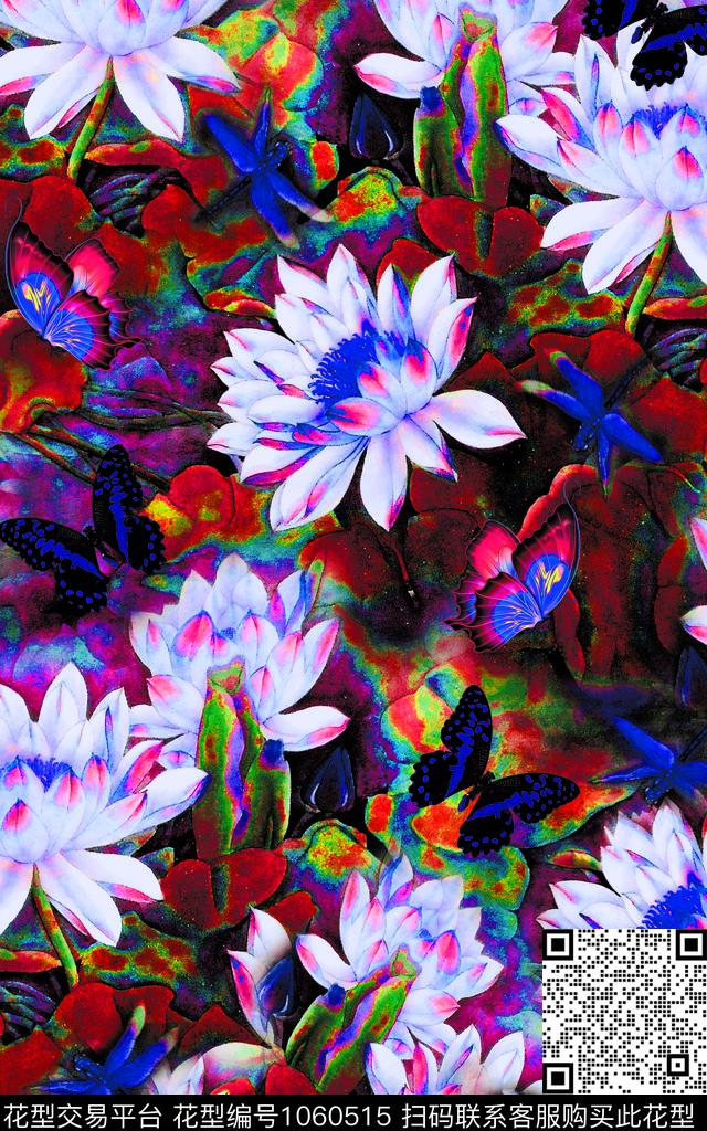大花荷花花卉蝴蝶数码印花华亿平台下载（图片编号: 1060515） - 瓦栏（Walan）