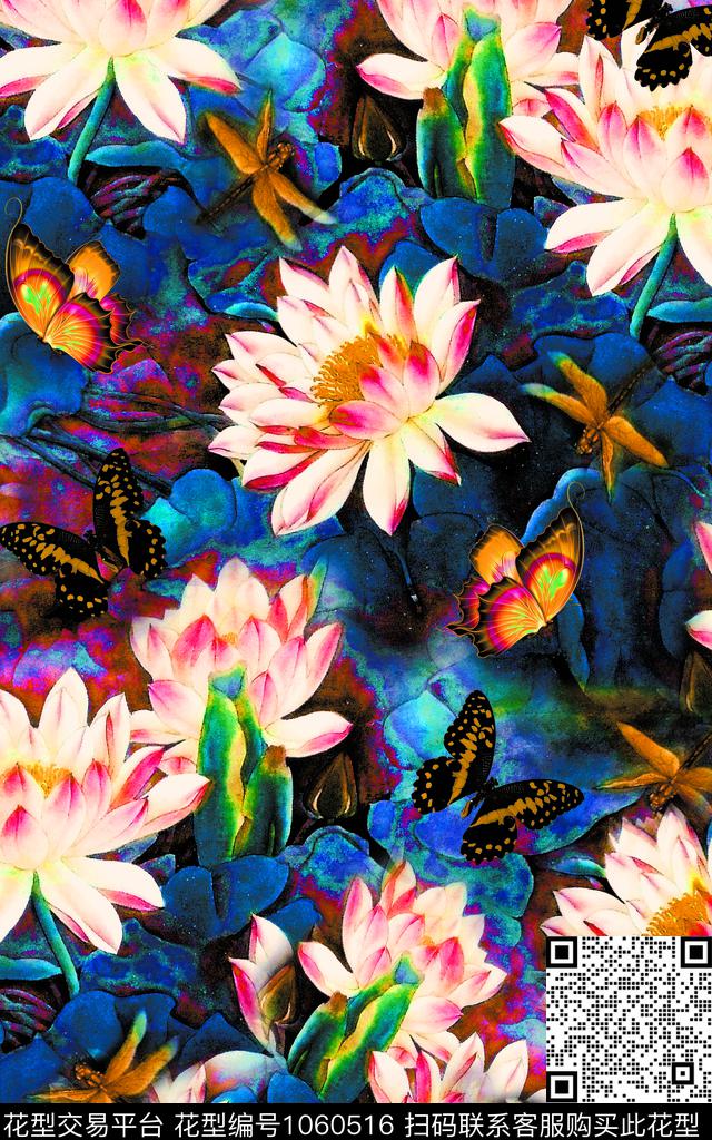 大花荷花花卉蝴蝶数码印花华亿平台下载（图片编号: 1060516） - 瓦栏（Walan）