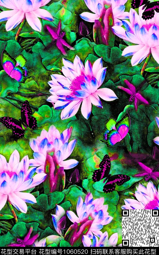 大花荷花花卉蝴蝶数码印花华亿平台下载（图片编号: 1060520） - 瓦栏（Walan）