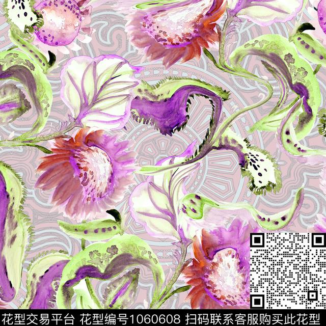 民族风抽象花卉数码印花华亿平台下载（图片编号: 1060608） - 瓦栏（Walan）