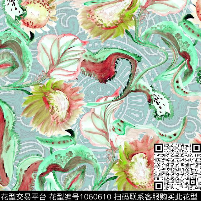民族风抽象花卉数码印花华亿平台下载（图片编号: 1060610） - 瓦栏（Walan）
