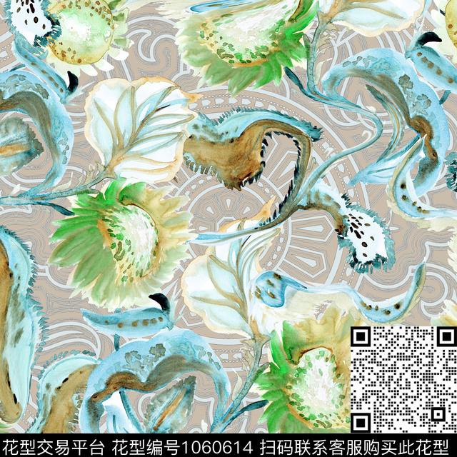 民族风抽象花卉数码印花华亿平台下载（图片编号: 1060614） - 瓦栏（Walan）