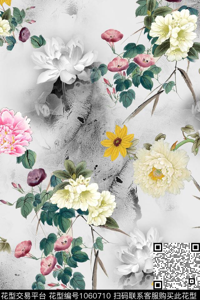 中国风枝叶水墨风数码印花华亿平台下载（图片编号: 1060710） - 瓦栏（Walan）