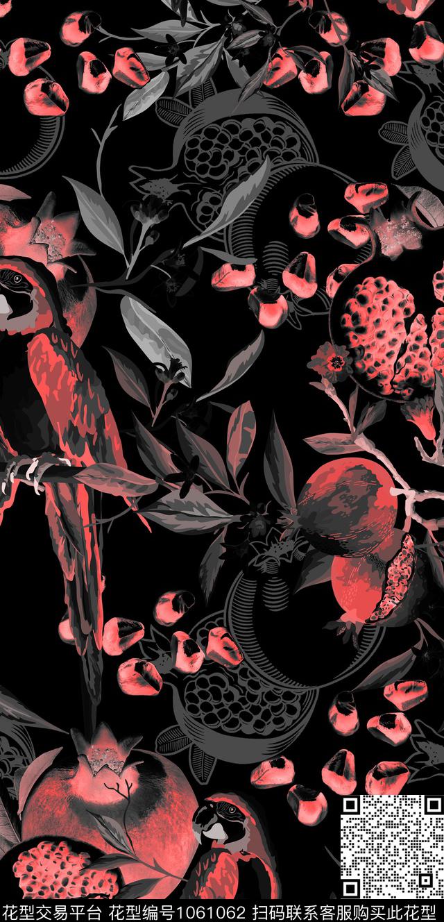 鹦鹉绿植树叶石榴数码印花华亿平台下载（图片编号: 1061062） - 瓦栏（Walan）