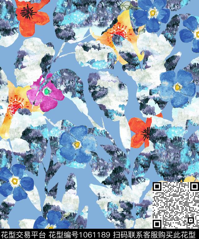 抽象花卉笔触数码印花华亿平台下载（图片编号: 1061189） - 瓦栏（Walan）
