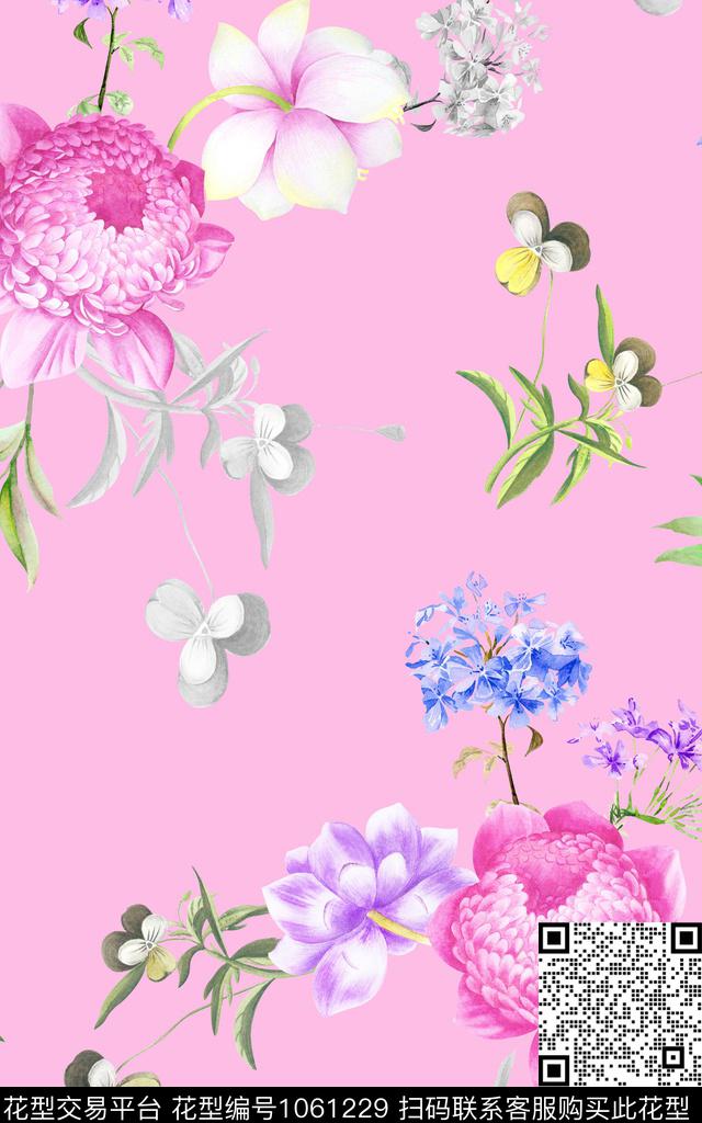 大花原创手绘清爽底花卉数码印花华亿平台下载（图片编号: 1061229） - 瓦栏（Walan）