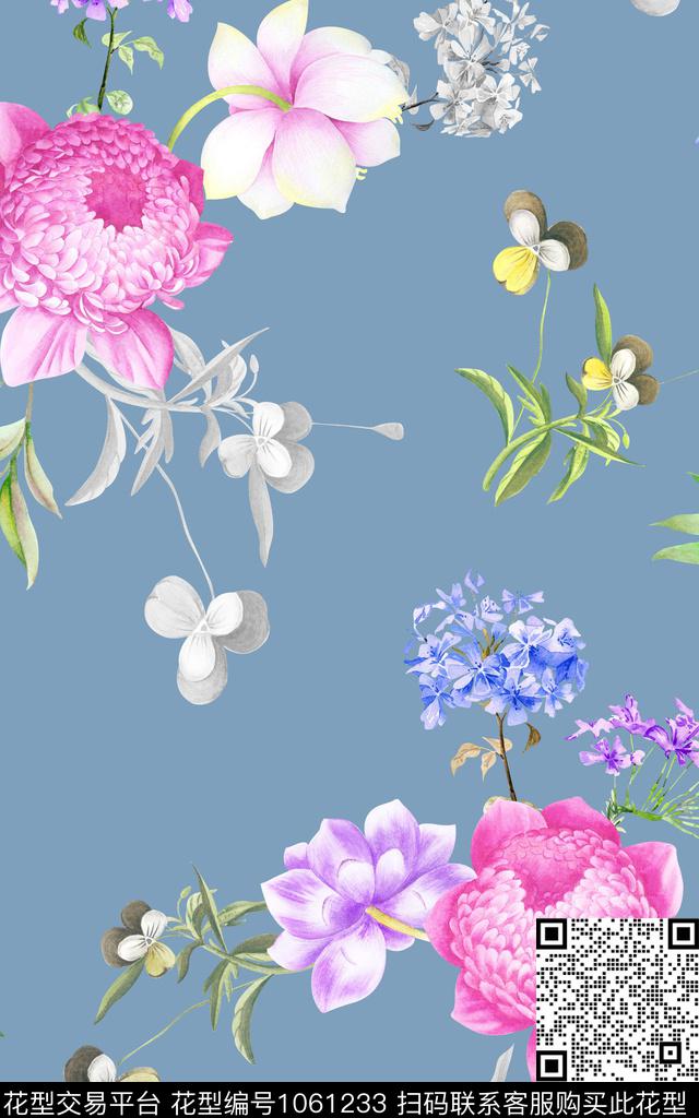大花原创手绘清爽底花卉数码印花华亿平台下载（图片编号: 1061233） - 瓦栏（Walan）
