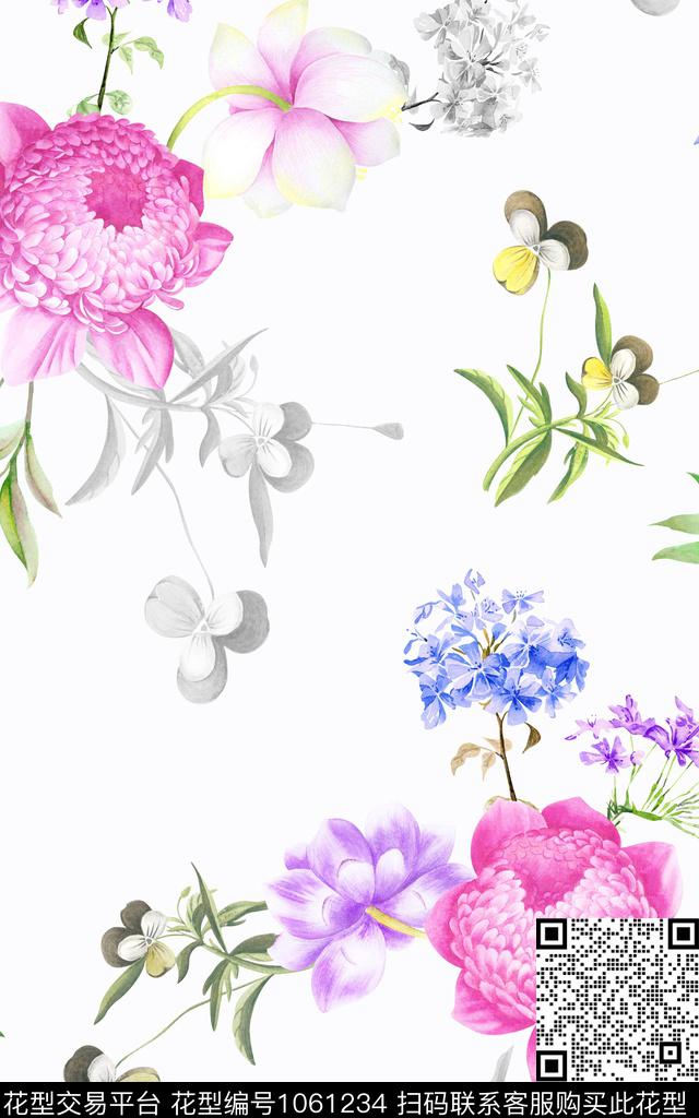 大花原创手绘清爽底花卉数码印花华亿平台下载（图片编号: 1061234） - 瓦栏（Walan）