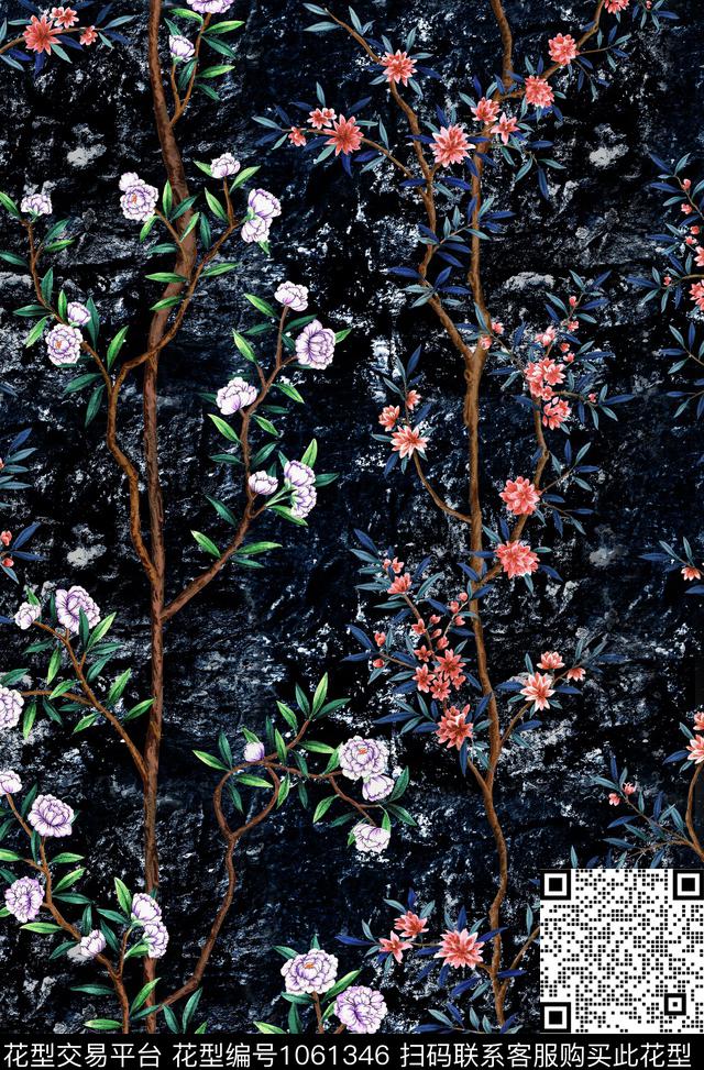 树枝花卉真丝数码印花华亿平台下载（图片编号: 1061346） - 瓦栏（Walan）