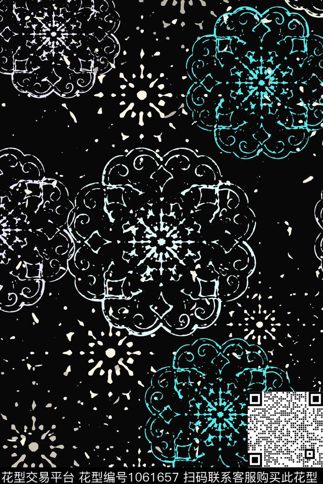 抽象花卉民族花卉圆圈与波点传统印花华亿平台下载（图片编号: 1061657） - 瓦栏（Walan）