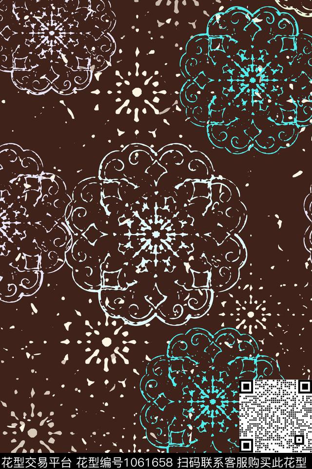 抽象花卉民族花卉圆圈与波点传统印花华亿平台下载（图片编号: 1061658） - 瓦栏（Walan）