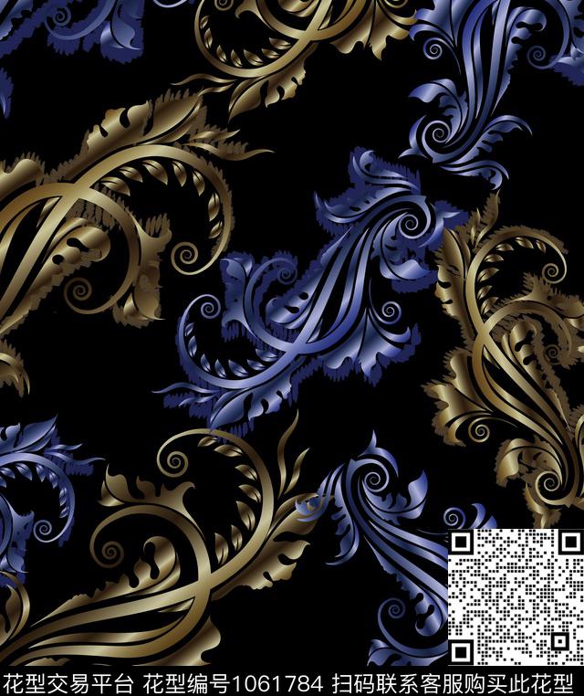 卷草蓝色金属质感数码印花华亿平台下载（图片编号: 1061784） - 瓦栏（Walan）