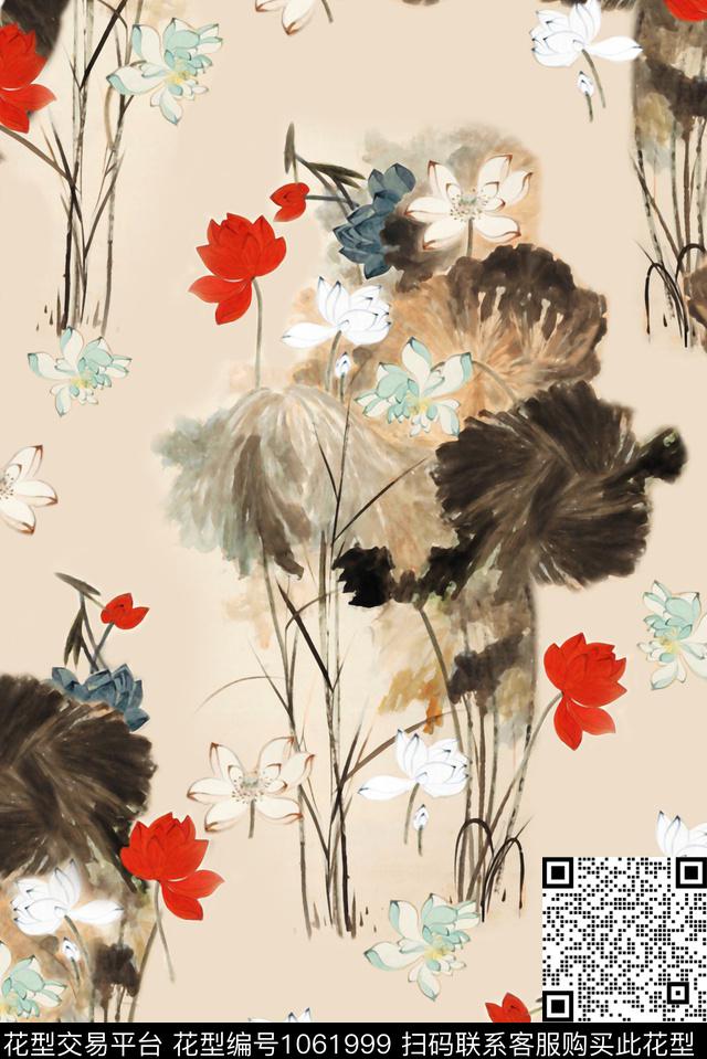 花卉水墨风满版散花数码印花华亿平台下载（图片编号: 1061999） - 瓦栏（Walan）