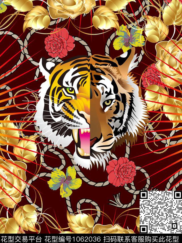 花卉复古老虎数码印花华亿平台下载（图片编号: 1062036） - 瓦栏（Walan）