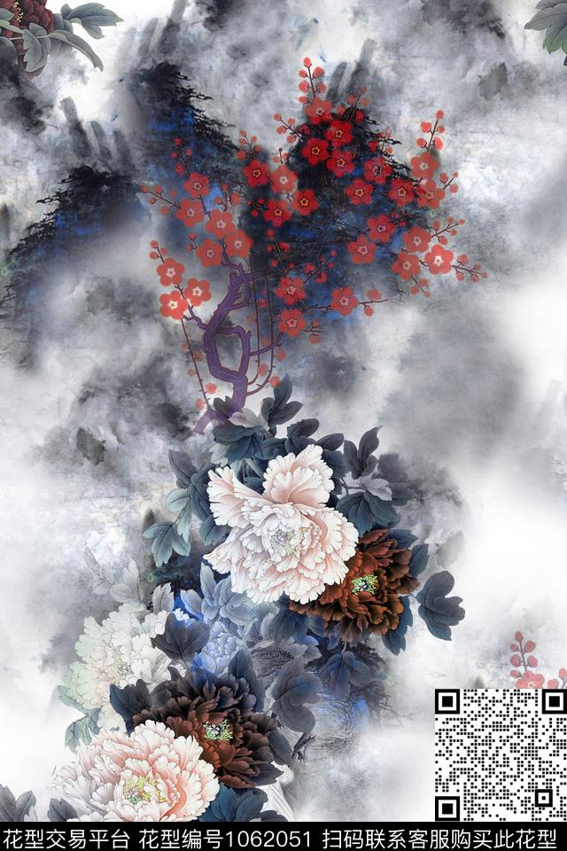 牡丹复古中国风数码印花华亿平台下载（图片编号: 1062051） - 瓦栏（Walan）