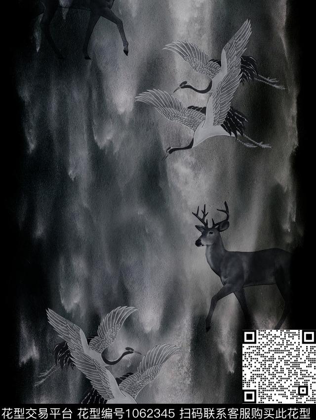 抽象男装水墨风仙鹤与鹿数码印花华亿平台下载（图片编号: 1062345） - 瓦栏（Walan）
