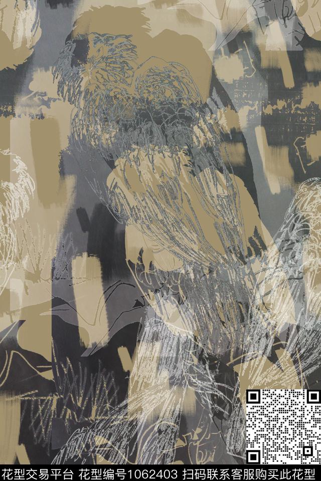 抽象花卉迷彩鸟昆虫图案数码印花华亿平台下载（图片编号: 1062403） - 瓦栏（Walan）