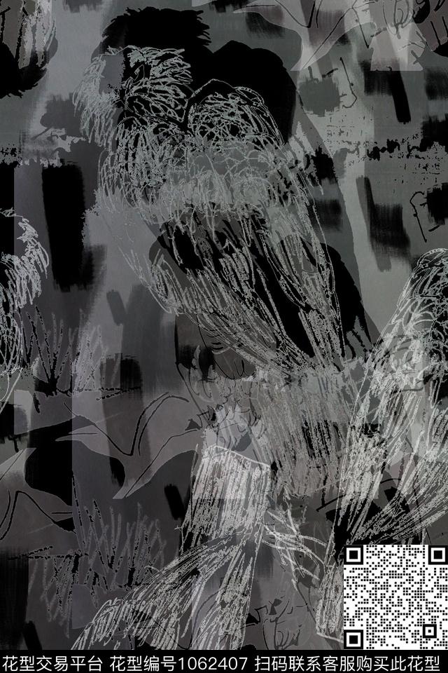 抽象花卉迷彩鸟昆虫图案数码印花华亿平台下载（图片编号: 1062407） - 瓦栏（Walan）