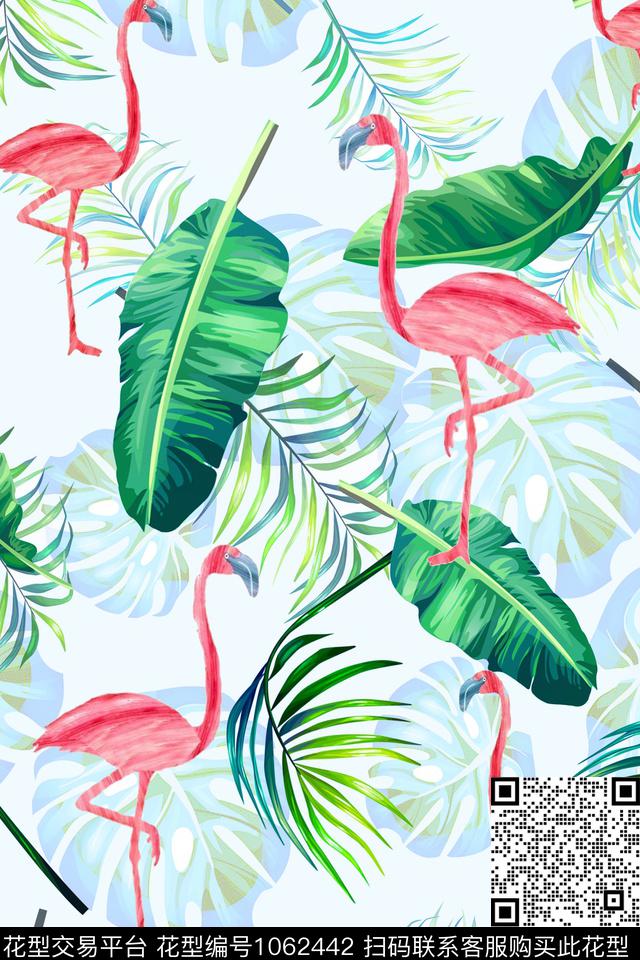 春夏华亿平台火烈鸟棕桐传统印花华亿平台下载（图片编号: 1062442） - 瓦栏（Walan）