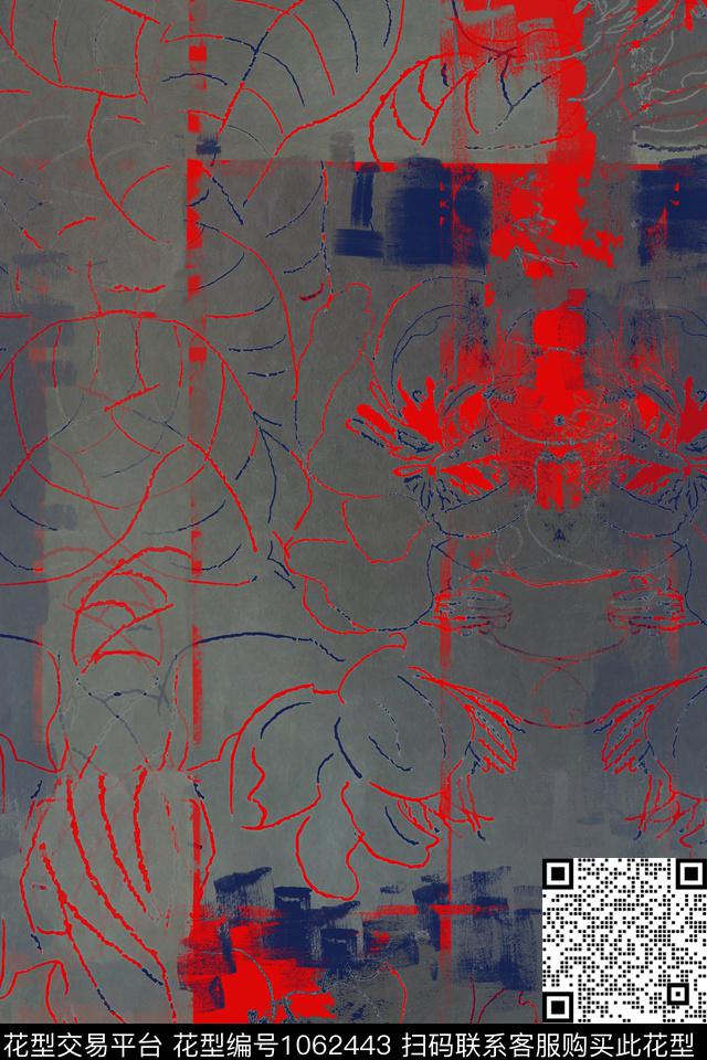 抽象花卉迷彩手绘线条笔触数码印花华亿平台下载（图片编号: 1062443） - 瓦栏（Walan）