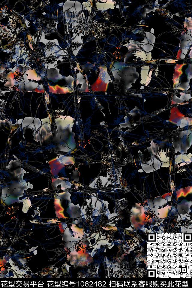 抽象树枝黑底花卉数码印花华亿平台下载（图片编号: 1062482） - 瓦栏（Walan）