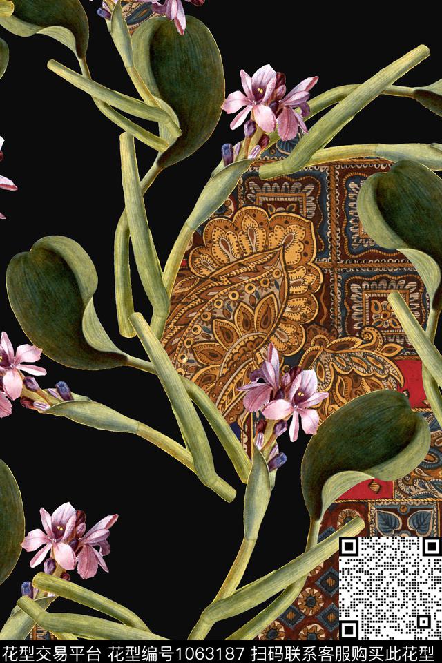 黑底花卉民族风手绘花卉数码印花华亿平台下载（图片编号: 1063187） - 瓦栏（Walan）