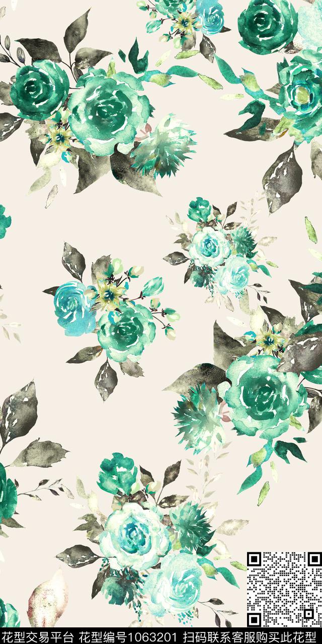 手绘花卉满版散花清爽底花卉数码印花华亿平台下载（图片编号: 1063201） - 瓦栏（Walan）