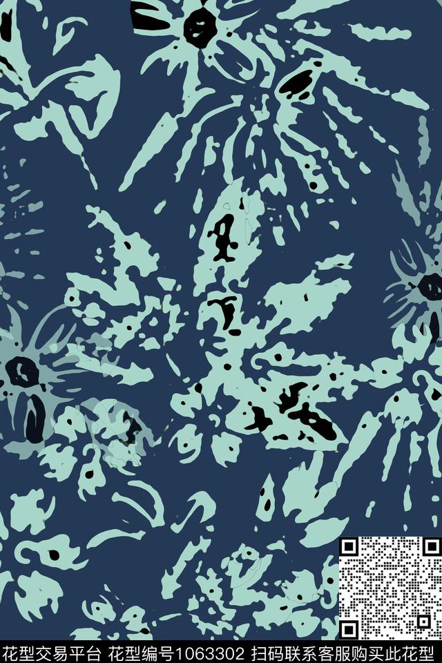 抽象花卉风格化花卉青蓝雅韵系列传统印花华亿平台下载（图片编号: 1063302） - 瓦栏（Walan）