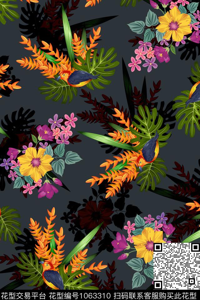 数码华亿平台水彩花卉绿植树叶数码印花华亿平台下载（图片编号: 1063310） - 瓦栏（Walan）