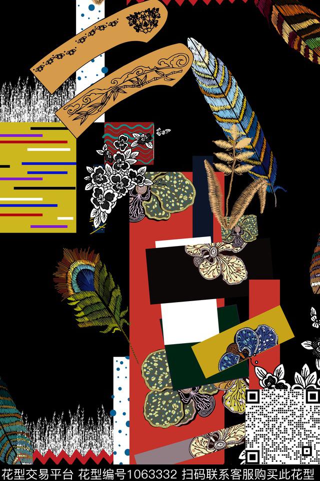 羽毛混合拼接几何花卉数码印花华亿平台下载（图片编号: 1063332） - 瓦栏（Walan）