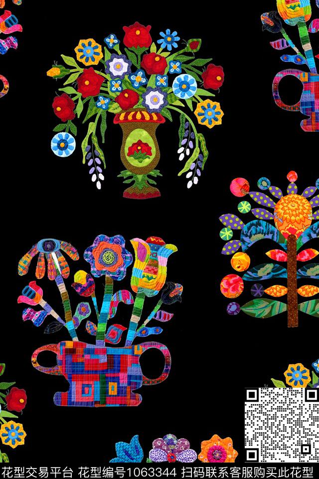 手绘花卉休闲几何数码印花华亿平台下载（图片编号: 1063344） - 瓦栏（Walan）