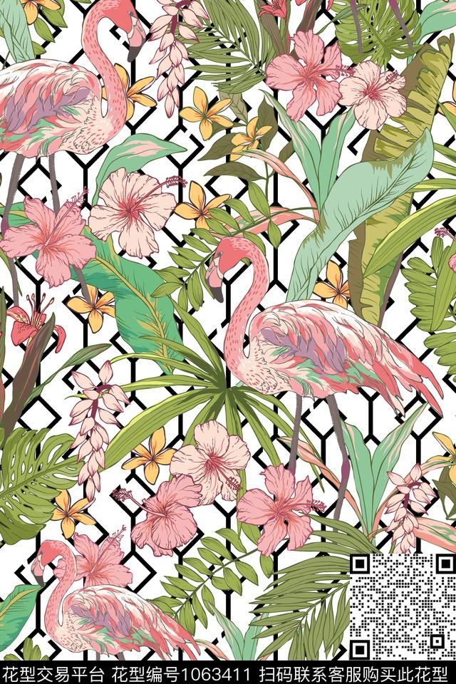 花卉几何火烈鸟数码印花华亿平台下载（图片编号: 1063411） - 瓦栏（Walan）