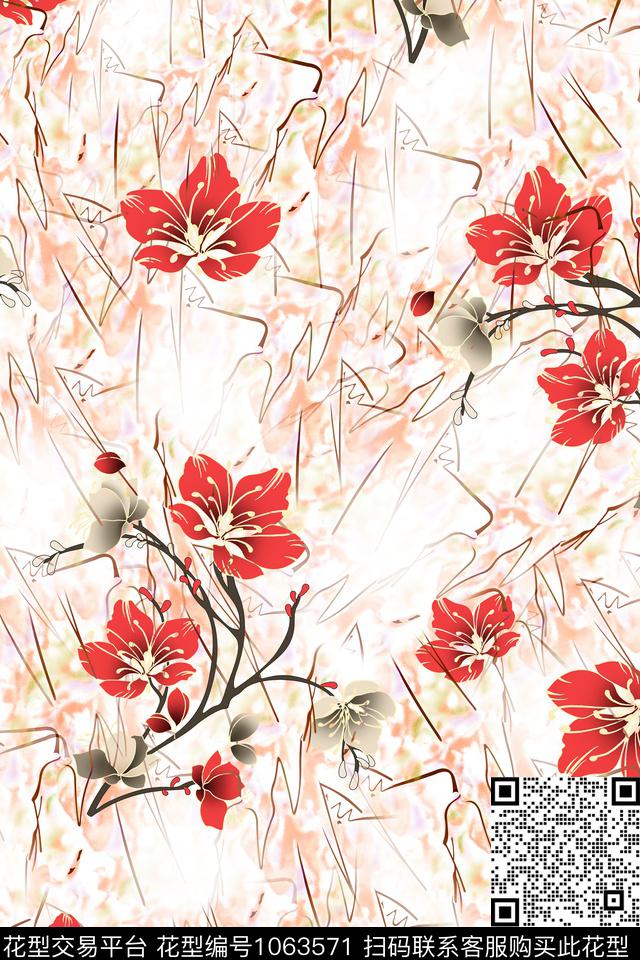 线条抽象花卉数码印花华亿平台下载（图片编号: 1063571） - 瓦栏（Walan）