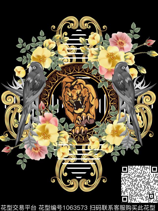花卉鹦鹉金色花纹数码印花华亿平台下载（图片编号: 1063573） - 瓦栏（Walan）