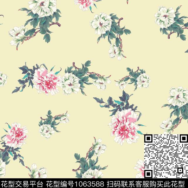 中国风手绘花卉水墨风数码印花华亿平台下载（图片编号: 1063588） - 瓦栏（Walan）