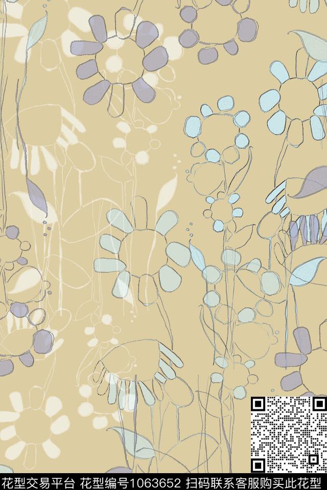 风格化花卉签字笔印花手绘线条笔触传统印花华亿平台下载（图片编号: 1063652） - 瓦栏（Walan）