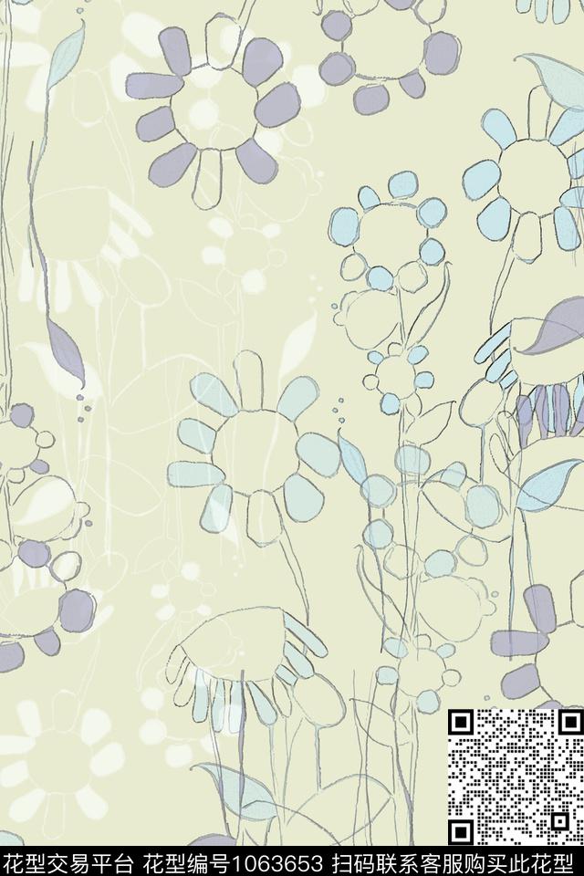 风格化花卉签字笔印花手绘线条笔触传统印花华亿平台下载（图片编号: 1063653） - 瓦栏（Walan）