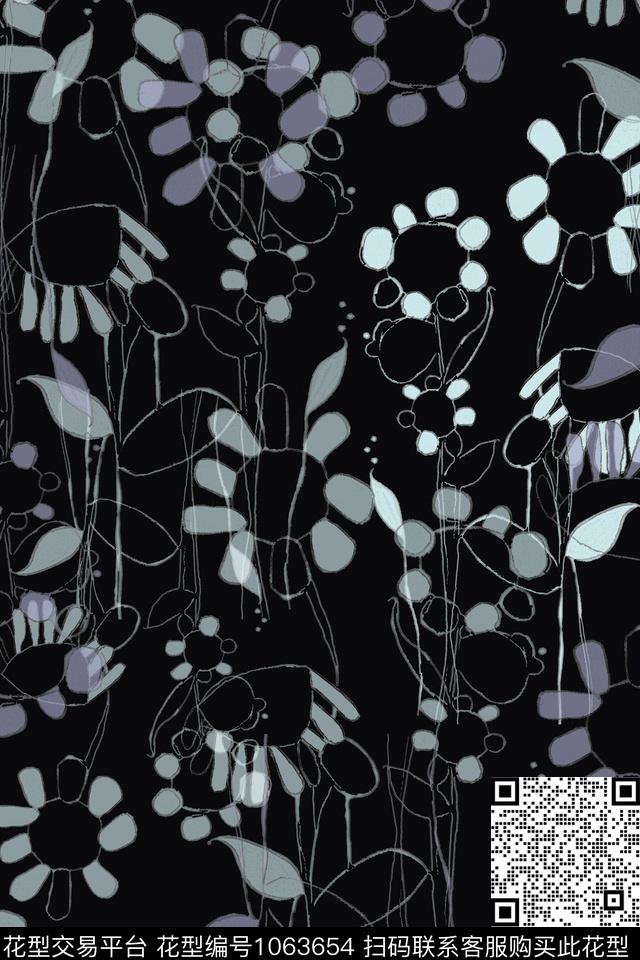 风格化花卉签字笔印花手绘线条笔触传统印花华亿平台下载（图片编号: 1063654） - 瓦栏（Walan）