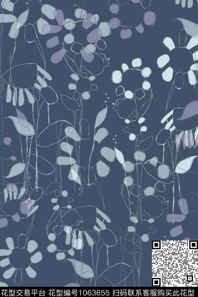 风格化花卉签字笔印花手绘线条笔触传统印花华亿平台下载（图片编号: 1063655） - 瓦栏（Walan）