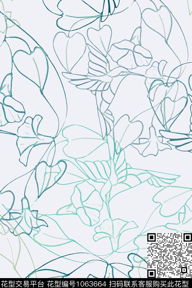 风格化花卉签字笔印花手绘线条笔触传统印花华亿平台下载（图片编号: 1063664） - 瓦栏（Walan）